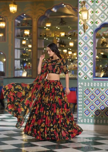 Black Colour Marble Floral Printed Festive Wear Designer Lehenga full look