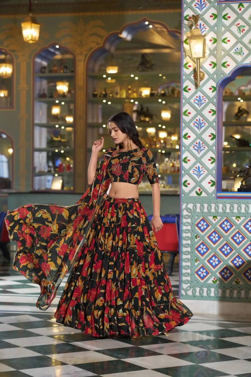 Black Colour Marble Floral Printed Festive Wear Designer Lehenga full look