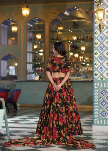 Black Colour Marble Floral Printed Festive Wear Designer Lehenga back side look