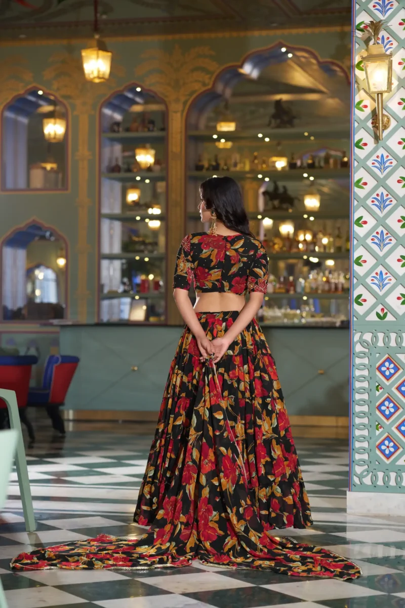 Black Colour Marble Floral Printed Festive Wear Designer Lehenga back side look
