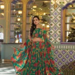 Green Colour Marble Floral Printed Festive Wear Designer Lehenga