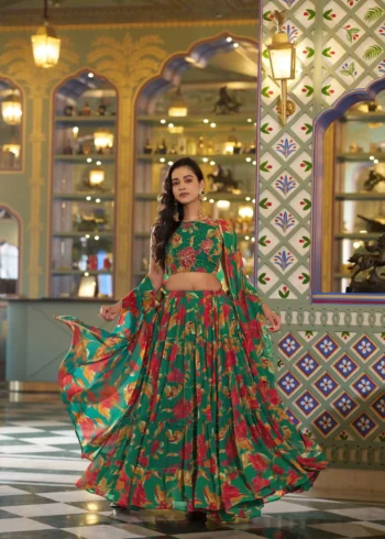 Green Colour Marble Floral Printed Festive Wear Designer Lehenga