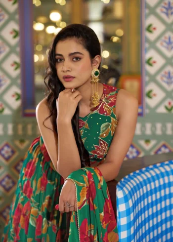 Green Colour Marble Floral Printed Festive Wear Designer Lehenga close look