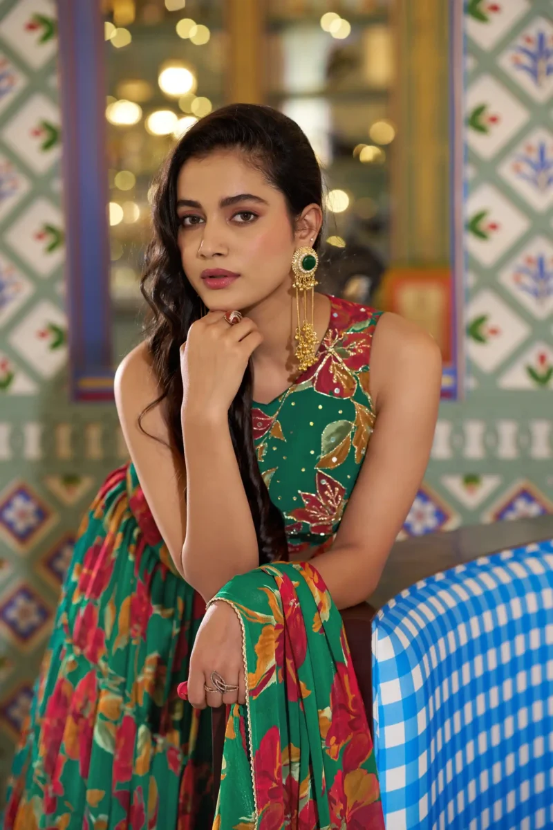 Green Colour Marble Floral Printed Festive Wear Designer Lehenga close look