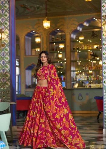 Pink Colour Marble Floral Printed Festive Wear Designer Lehenga