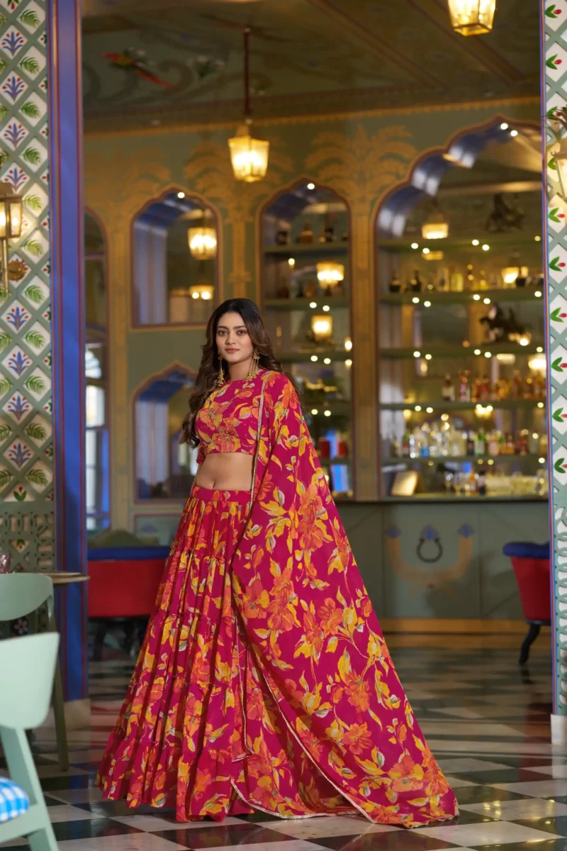 Pink Colour Marble Floral Printed Festive Wear Designer Lehenga
