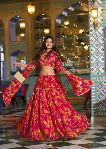Pink Colour Marble Floral Printed Festive Wear Designer Lehenga flair view