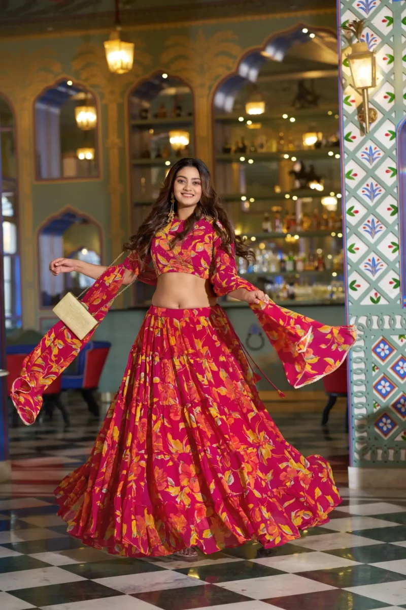 Pink Colour Marble Floral Printed Festive Wear Designer Lehenga flair view