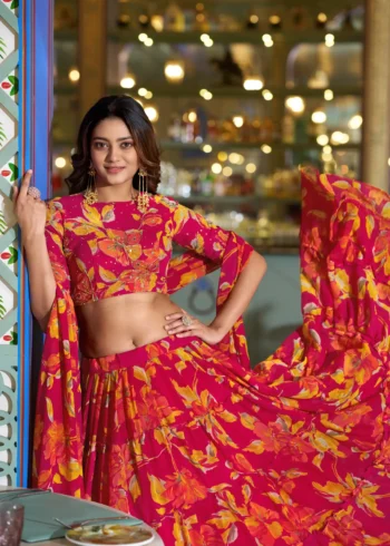 Pink Colour Marble Floral Printed Festive Wear Designer Lehenga close look