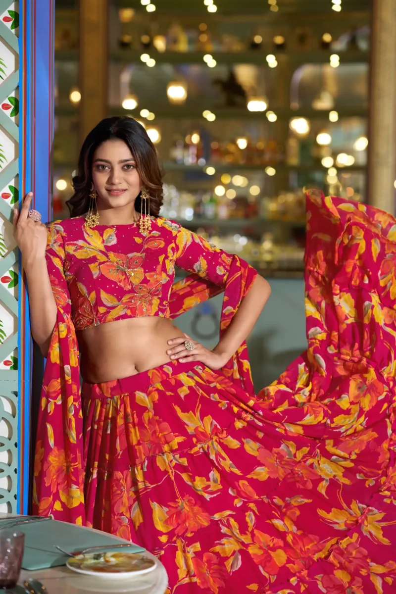 Pink Colour Marble Floral Printed Festive Wear Designer Lehenga close look