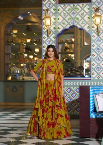 yellow Colour Marble Floral Printed Festive Wear Designer Lehenga
