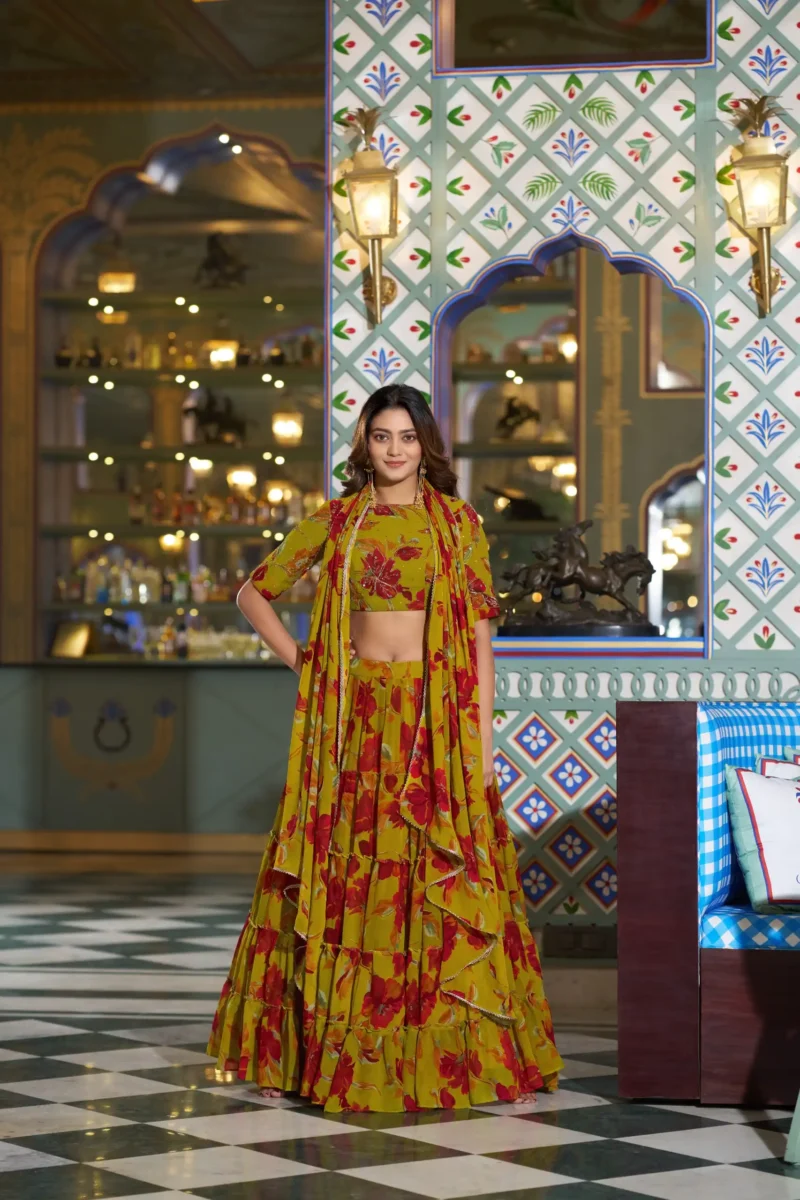 yellow Colour Marble Floral Printed Festive Wear Designer Lehenga