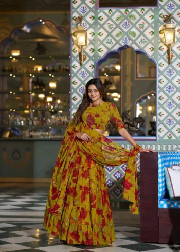 yellow Colour Marble Floral Printed Festive Wear Designer Lehenga full front look