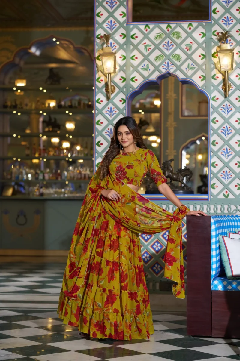 yellow Colour Marble Floral Printed Festive Wear Designer Lehenga full front look