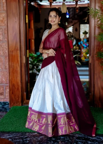 White colour Poly Cotton South Indian Lehenga side look