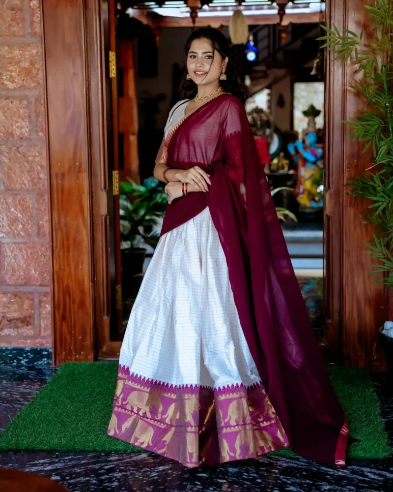 White colour Poly Cotton South Indian Lehenga side look
