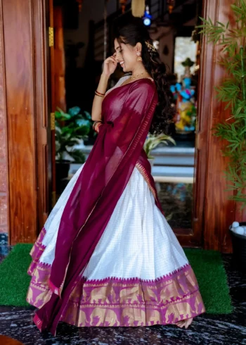 White colour Poly Cotton South Indian Lehenga side dupatta look