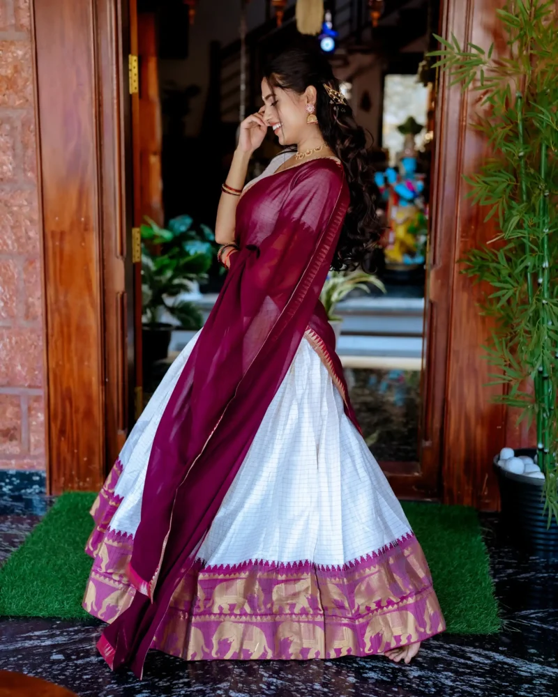 White colour Poly Cotton South Indian Lehenga side dupatta look