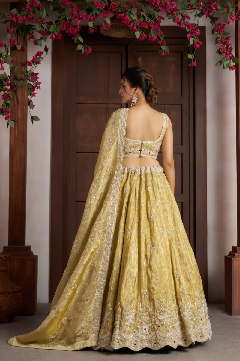 Radiant Haldi Mehendi Special Lehenga In Banarasi Tissue Fabric