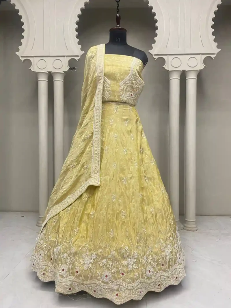 Radiant Haldi Mehendi Special Lehenga In Banarasi Tissue Fabric