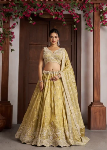 Radiant Haldi Mehendi Special Lehenga In Banarasi Tissue Fabric