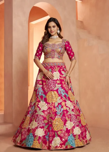 Rani Pink Color Bridal Lehenga With Mirror Embellishments Floral Artistry Inspired By Abhinav Mishra