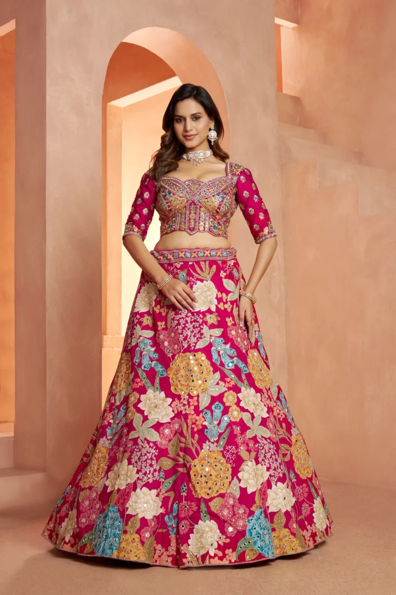 Rani Pink Color Bridal Lehenga With Mirror Embellishments Floral Artistry Inspired By Abhinav Mishra