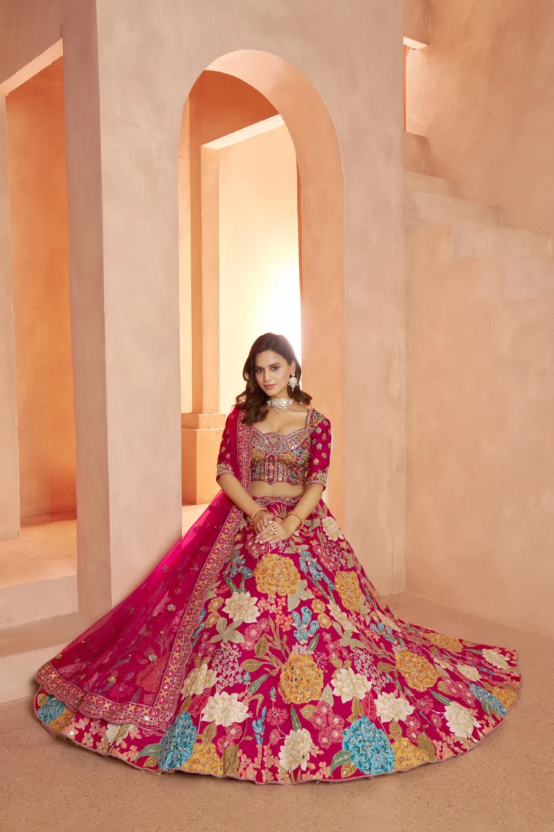 Rani Pink Color Bridal Lehenga With Mirror Embellishments Floral Artistry Inspired By Abhinav Mishra