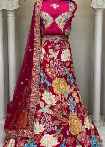 Rani Pink Color Bridal Lehenga With Mirror Embellishments Floral Artistry Inspired By Abhinav Mishra