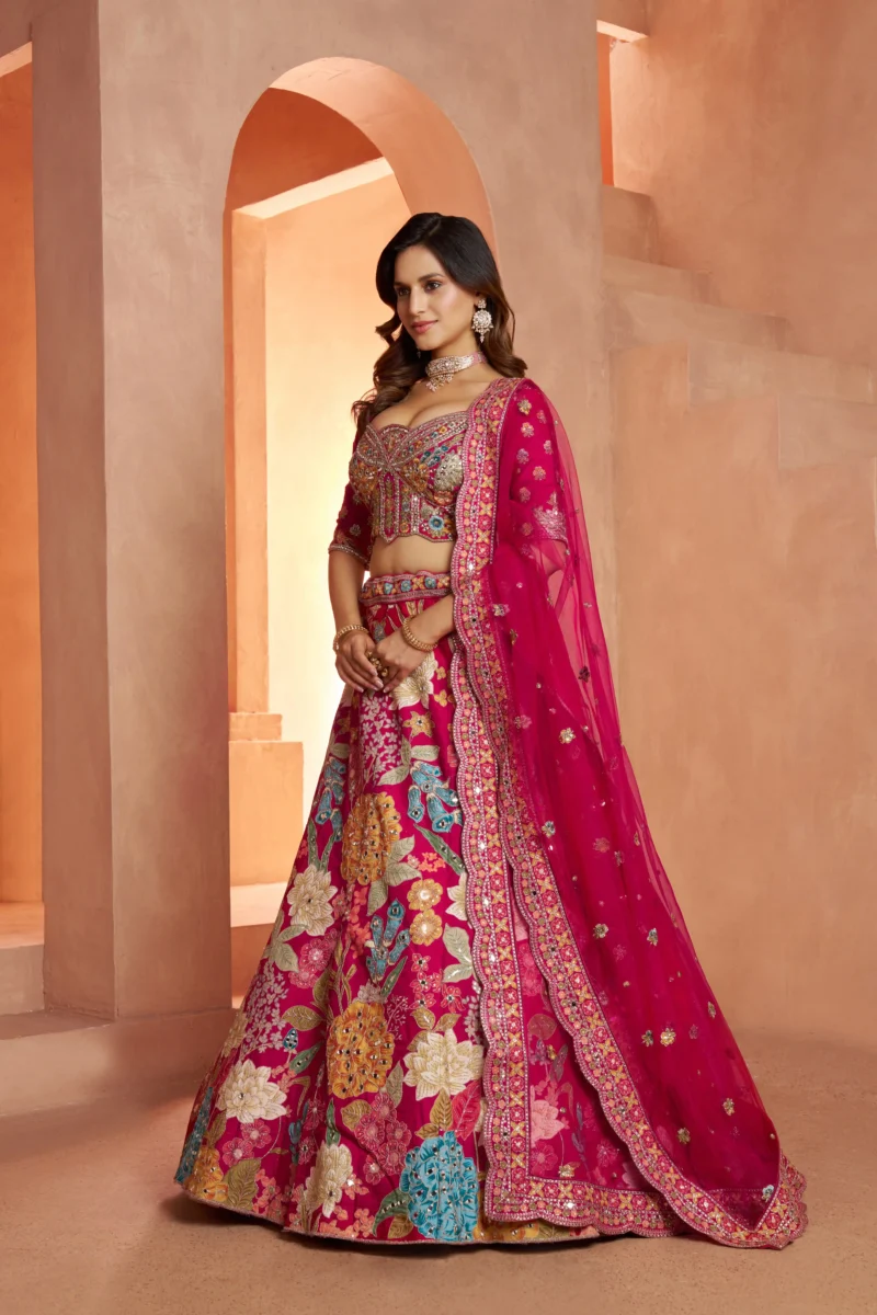 Rani Pink Color Bridal Lehenga With Mirror Embellishments Floral Artistry Inspired By Abhinav Mishra