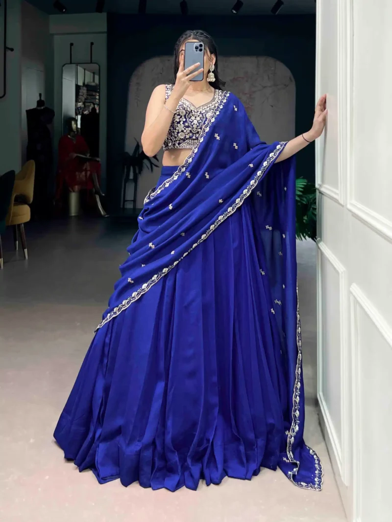 Royal Blue Colour Plain Party Lehenga With Sequins Embroidered Blouse