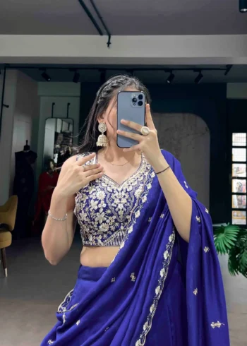 Royal Blue Colour Plain Party Lehenga With Sequins Embroidered Blouse