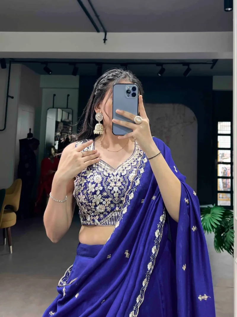Royal Blue Colour Plain Party Lehenga With Sequins Embroidered Blouse