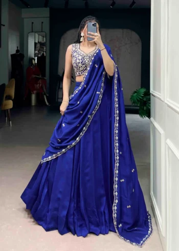 Royal Blue Colour Plain Party Lehenga With Sequins Embroidered Blouse
