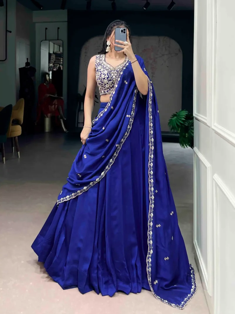 Royal Blue Colour Plain Party Lehenga With Sequins Embroidered Blouse