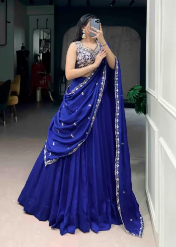 Royal Blue Colour Plain Party Lehenga With Sequins Embroidered Blouse