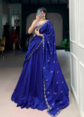 Royal Blue Colour Plain Party Lehenga With Sequins Embroidered Blouse