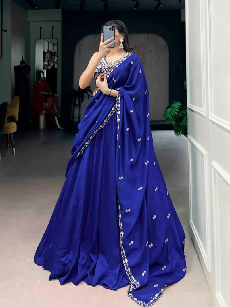 Royal Blue Colour Plain Party Lehenga With Sequins Embroidered Blouse