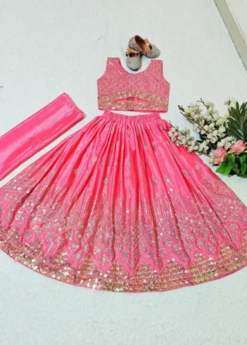 Sequins Embroidered Chinon Silk Stitched Wedding Lehenga For Kids