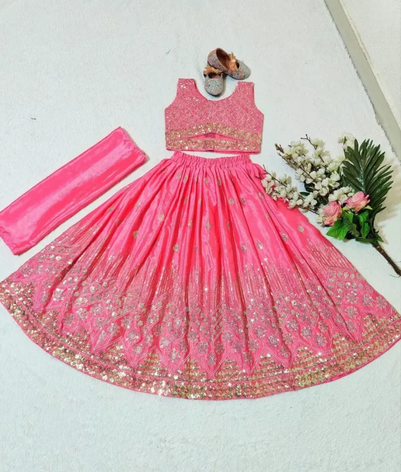 Sequins Embroidered Chinon Silk Stitched Wedding Lehenga For Kids