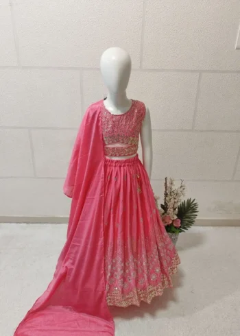 Sequins Embroidered Chinon Silk Stitched Wedding Lehenga For Kids