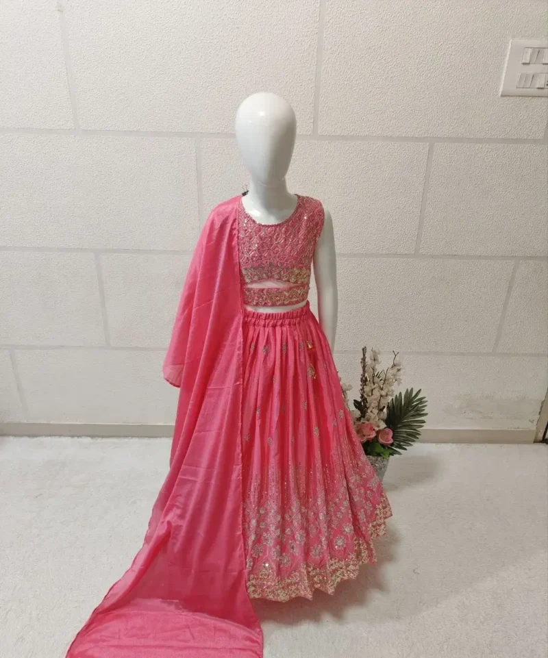 Sequins Embroidered Chinon Silk Stitched Wedding Lehenga For Kids