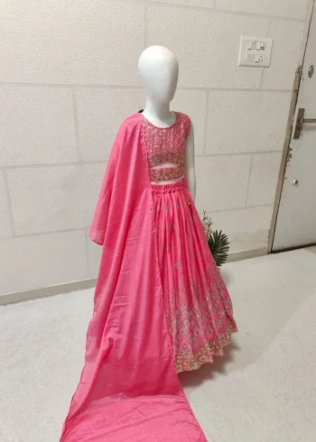 Sequins Embroidered Chinon Silk Stitched Wedding Lehenga For Kids
