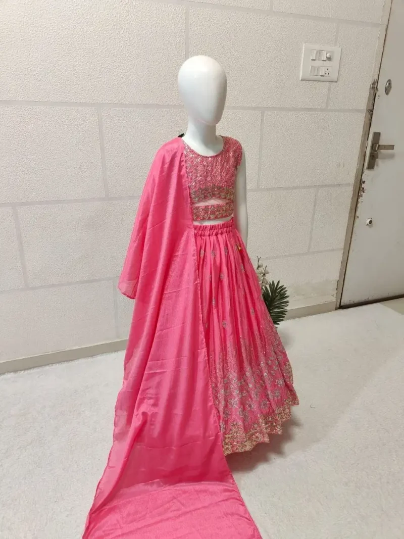 Sequins Embroidered Chinon Silk Stitched Wedding Lehenga For Kids