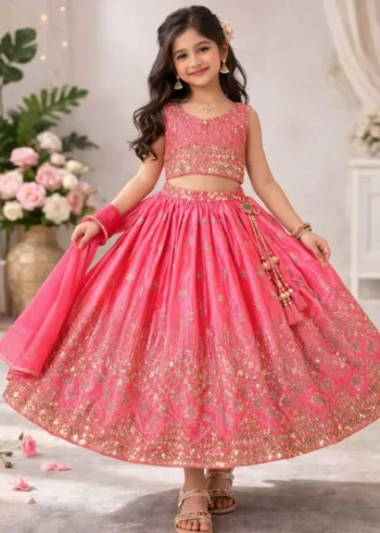 Sequins Embroidered Chinon Silk Stitched Wedding Lehenga For Kids