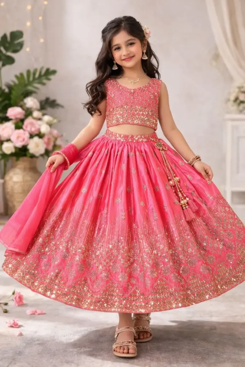 Sequins Embroidered Chinon Silk Stitched Wedding Lehenga For Kids