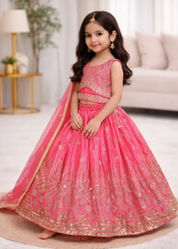 Sequins Embroidered Chinon Silk Stitched Wedding Lehenga For Kids