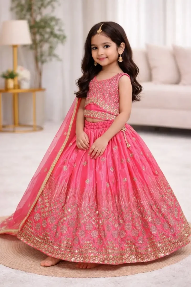 Sequins Embroidered Chinon Silk Stitched Wedding Lehenga For Kids