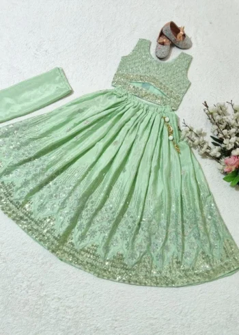 Sequins Embroidered Chinon Silk Stitched Wedding Lehenga For Kids
