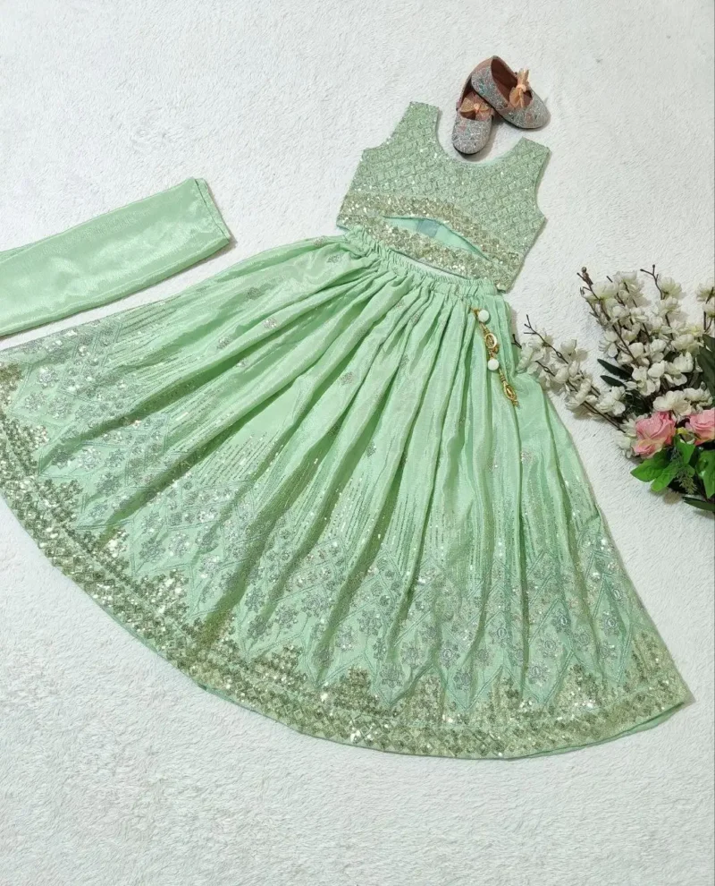 Sequins Embroidered Chinon Silk Stitched Wedding Lehenga For Kids